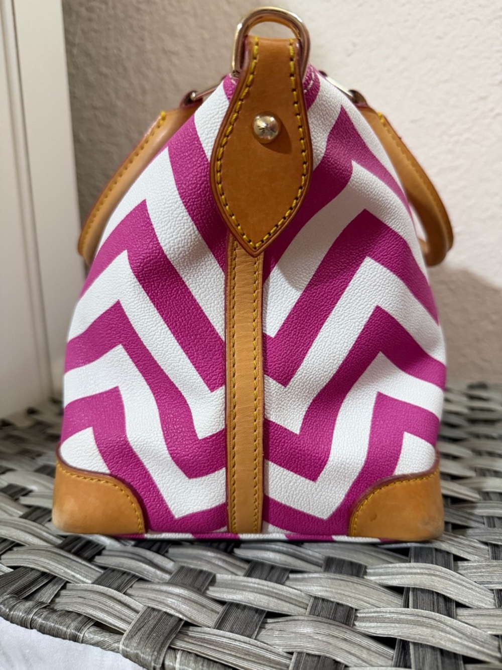 Dooney & Bourke Pink & White Geena Chevron Top Handle Satchel - Tan Leather Trim - Picture 5 of 16